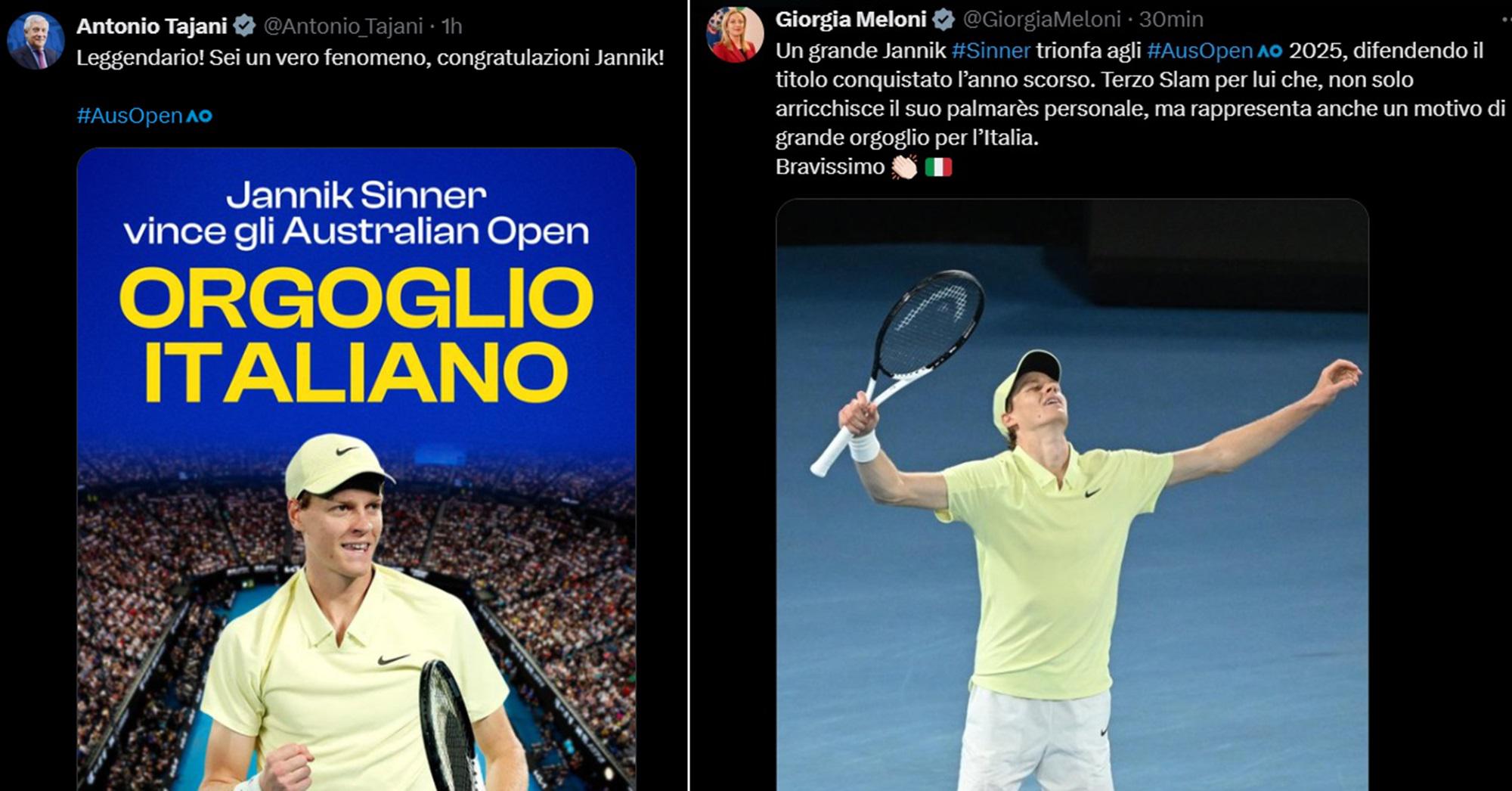 Trionfo Sinner agli Australian Open, la politica esulta